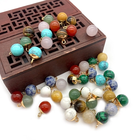 Natural Stone Round Ball Pendant Only Without Chain With Gold Plated Alloy Connector Loop For DIY Jewelry Making Women Jewelry