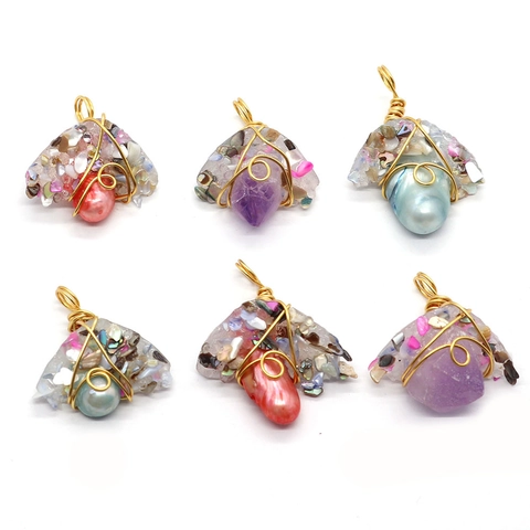 Natural Freshwater Pearl Resin Pendant Irregular Shell Gravel Wire Wrapped Abalone Shell Amethyst DIY Jewelry Component