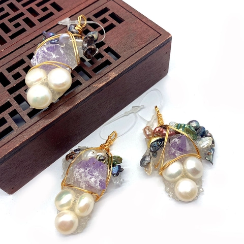 Bohemian Handmade Amethyst Artificial Pearl Wire Wrapped Grape Cluster Pendant Only (Without Chain) For DIY Jewelry Making Charm