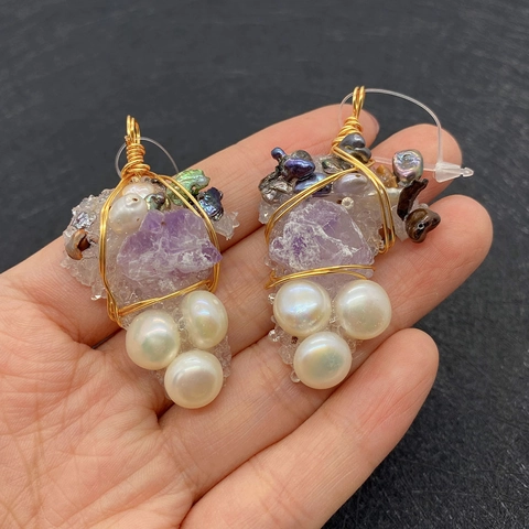 Bohemian Handmade Amethyst Artificial Pearl Wire Wrapped Grape Cluster Pendant Only (Without Chain) For DIY Jewelry Making Charm