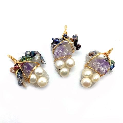 Handmade Amethyst Artificial Pearl Wire Wrapped Grape Pendant DIY Jewelry Making Gold Plated Wire Artistic Bohemia Style Raw Stone Pendant