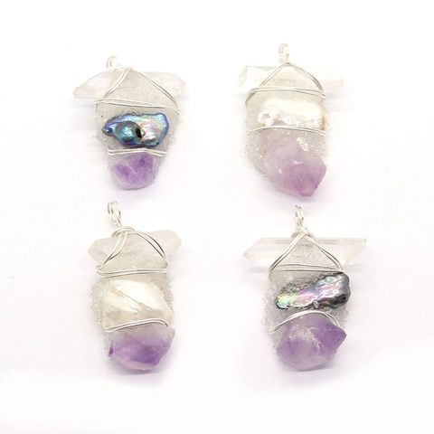 Pendentif Perle d'Eau Douce Naturelle Améthyste Cristal Enveloppement de Fil Fait Main Pendentif Seul Bijoux Femme