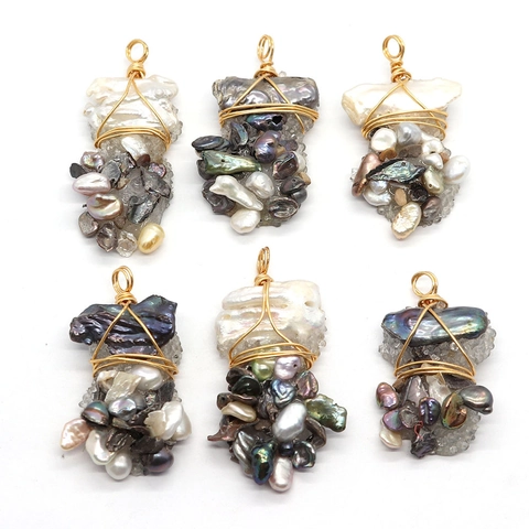 Natural Freshwater Pearl Pendant Irregular Wire Wrapped Colorful Stone Cluster For DIY Necklace Handmade Jewelry