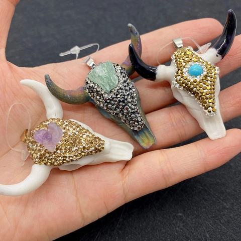 Boheems Stierenkop Hanger Acryl Natuursteen Strass Ingelegd Accessoire Voor DIY Sieraden Maken Etnisch Western Stijl