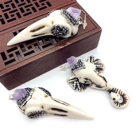 Vintage Gothic Acrylic Bird Skull Elephant Head Pendants With Purple Crystal Rhinestone For DIY Jewelry Making Accessories