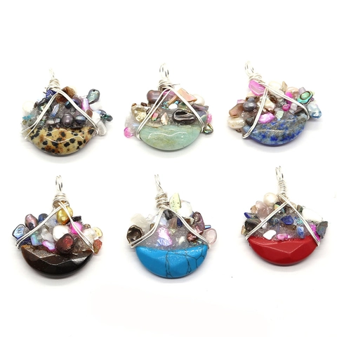 Handmade Natural Stone Moon Shape Pendant For Jewelry Making Stainless Steel Wire Wrapped Mixed Gemstone Artificial Pearl Finding