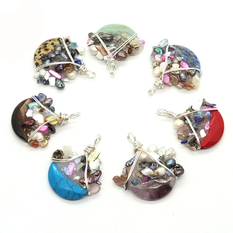 Handmade Natural Stone Moon Shape Pendant For Jewelry Making Stainless Steel Wire Wrapped Mixed Gemstone Artificial Pearl Finding