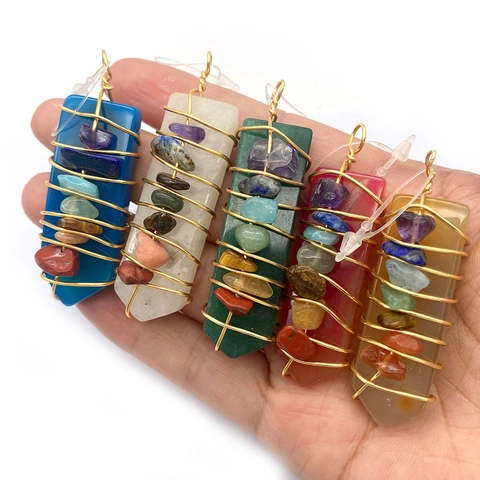 Piedra Natural Siete Chakras Alambre Envuelto Prisma Hexagonal Colgante para Collar Punta de Flecha Curativo Cristal Ágata DIY Joyería