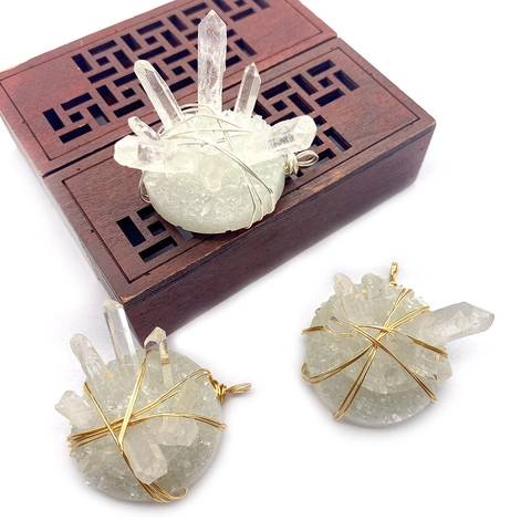 Round Clear Quartz Crystal Cluster Pendant Handmade Wire Wrapped Stone Pendant For DIY Jewelry Making Craft Accessories