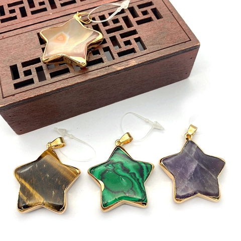 Naturstein Stern Anhänger Vergoldete Legierung Kante Amethyst Malachit Tigerauge Achat Für DIY Schmuckherstellung Zubehör