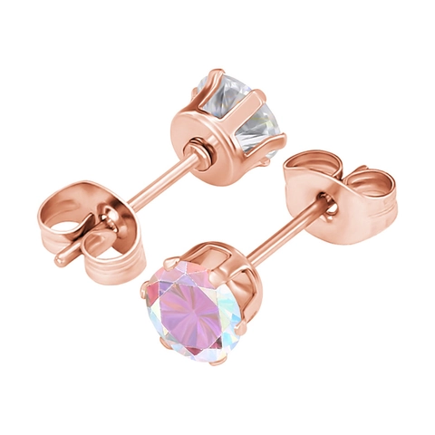 Boucles d'Oreilles Clous en Acier Inoxydable Zirconia Avec Tige en Argent Sterling 925 Or Rose Rond Sertissage à Six Griffes Bijoux Femme Homme