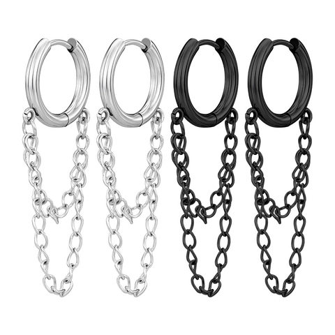 Stainless Steel Double Chain Tassel Hoop Earrings Hip Hop Punk Style Geometric Circular Ear Buckle For Men Women Daily Party Jewelry