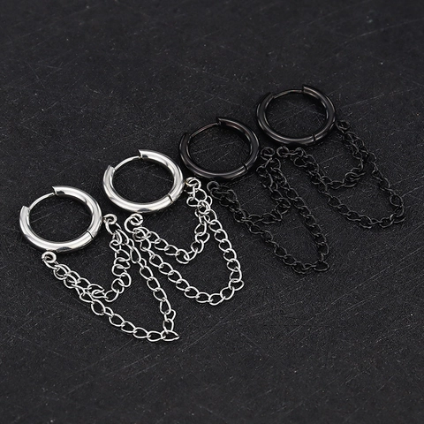 Stainless Steel Double Chain Tassel Hoop Earrings Hip Hop Punk Style Geometric Circular Ear Buckle For Men Women Daily Party Jewelry