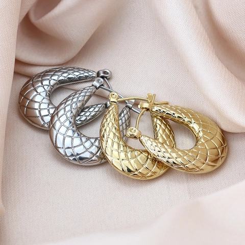 French Minimalist Titanium Steel U-Shaped Hoop Earrings For Women Unique Lattice Twisted Texture Geometric Jewelry Gift