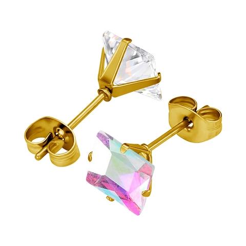 Boucles d'oreilles clous minimalistes en acier inoxydable 316L avec zircone carrée pour femme plaqué or géométrique