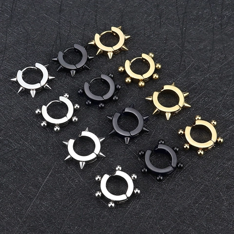 Punk Rock Stainless Steel Spike Bead Hoop Earrings For Women Men Minimalist Huggie Ear Clips Pierced Jewelry Gift