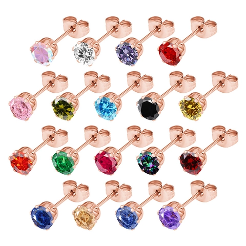 Boucles d'Oreilles Clous en Acier Inoxydable Zirconia Avec Tige en Argent Sterling 925 Or Rose Rond Sertissage à Six Griffes Bijoux Femme Homme