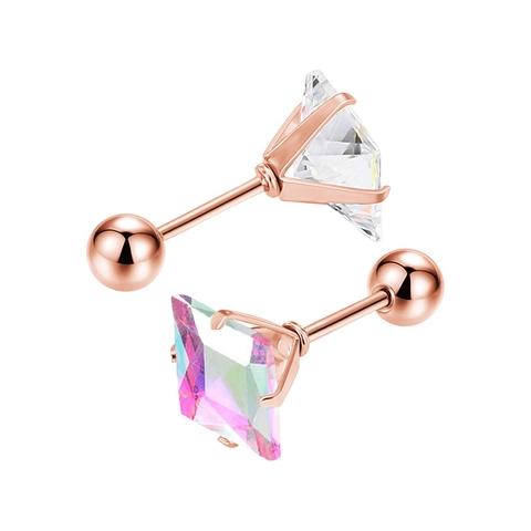 Boucles d'Oreilles Clous en Acier Inoxydable Zircone Colorée Carrée Plaquées Or Rose Minimalistes Fermoir à Vis Boule Bijoux Mode