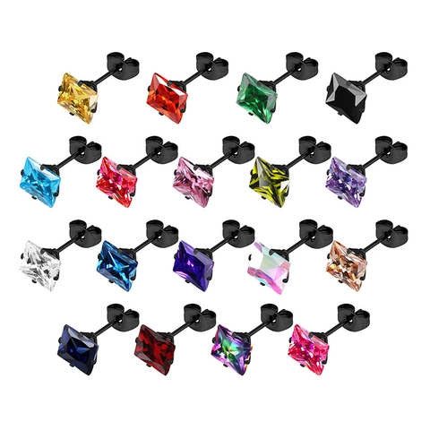 Boucles d'Oreilles Clous en Acier Inoxydable Zircone Carré pour Femmes Hommes Noir Électroplaqué Bijoux de Mode Simple Géométrique