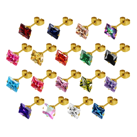 Boucles d'oreilles clous minimalistes en acier inoxydable 316L avec zircone carrée pour femme plaqué or géométrique