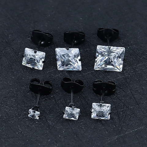 Boucles d'Oreilles Clous en Acier Inoxydable Zircone Carré pour Femmes Hommes Noir Électroplaqué Bijoux de Mode Simple Géométrique