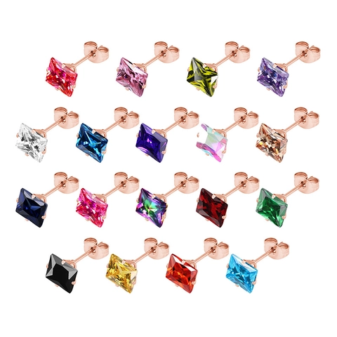 Boucles d'Oreilles Clous en Zircone Carrée Acier Inoxydable 316L Coupe Princesse Colorée Bijoux de Piercing Minimalistes Homme Femme