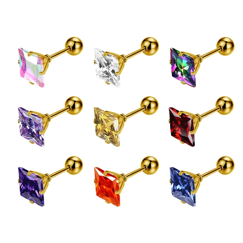 Boucles d'oreilles Puces en Acier Inoxydable Zirconium Carré Fermoir à Vis Boule Quatre Griffes Colorées pour Femmes Hommes Bijoux