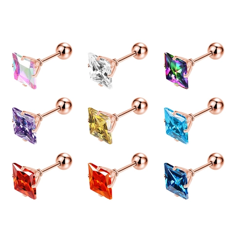 Boucles d'Oreilles Clous en Acier Inoxydable Zircone Colorée Carrée Plaquées Or Rose Minimalistes Fermoir à Vis Boule Bijoux Mode