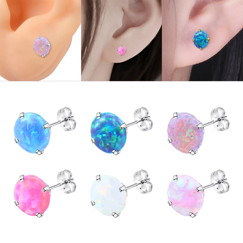Minimalistische Roestvrijstalen Synthetische Opaal Oorknopjes Kleurrijke Ronde Vier-Klauw Piercing Sieraden Voor Dames Heren