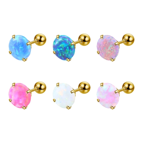 Stainless Steel Artificial Opal Stud Earrings For Women Minimalist Round Four-Prong Screw Back Helix Ear Bone Studs Fashion Jewelry