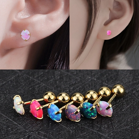 Stainless Steel Artificial Opal Stud Earrings For Women Minimalist Round Four-Prong Screw Back Helix Ear Bone Studs Fashion Jewelry