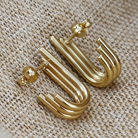 Orecchini a U in Acciaio Inossidabile Minimalista da Donna Placcati in Oro Argento Linee Parallele Geometriche Gioielli