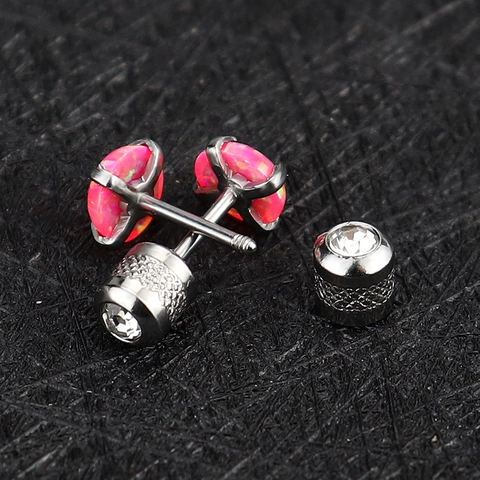 Pendientes de Botón Redondos de Acero Inoxidable con Ópalo Sintético y Cierre de Rosca Joyería de Titanio para Mujer Hombre