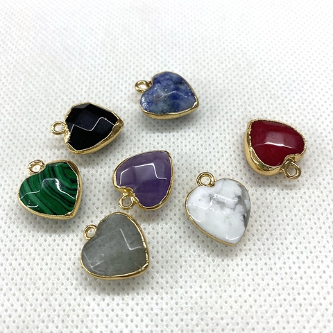 Heart Shape Natural Stone Pendants With Gold Metal Edged Charms For DIY Jewelry Making Necklace Accessories