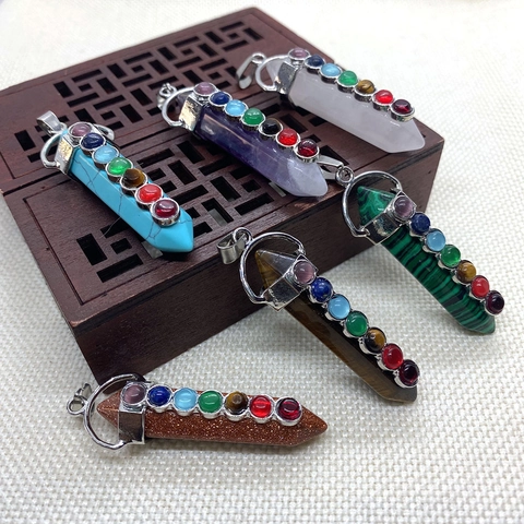 Natural Stone Hexagonal Prism Pendant Seven Chakra Inlaid Alloy Amethyst Rose Quartz Point Pendants Jewelry Making Women