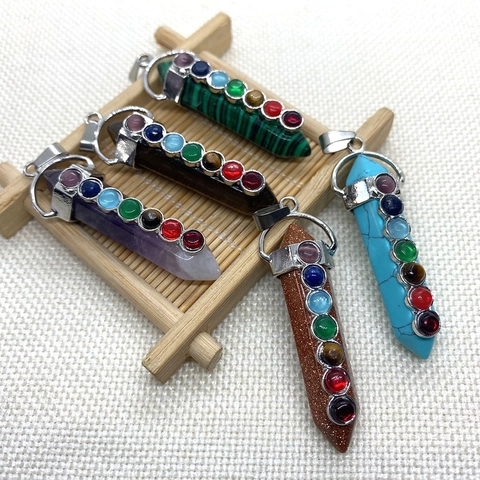 Natural Stone Hexagonal Prism Pendant Seven Chakra Inlaid Alloy Amethyst Rose Quartz Point Pendants Jewelry Making Women
