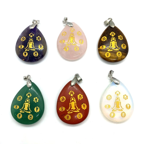 Natural Stone Teardrop Pendant Gold Engraved Yoga Meditation Chakra Symbol Amethyst Rose Quartz Lapis Jewelry Making Pendant Only