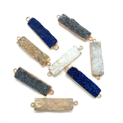 Natuursteen Druzy Kristal Rechthoekige Hanger Dubbel Gat Connector Verguld Koper Voor DIY Sieraden Maken Kettingen