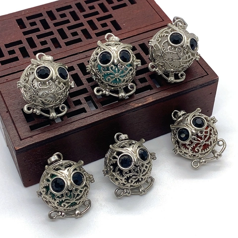 Retro Bohemian Owl Hollow Round Ball Natural Stone Pendant Alloy Rhinestone Inlaid Cage DIY Jewelry Making Accessories