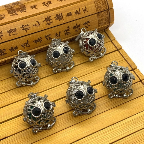 Retro Bohemian Owl Hollow Round Ball Natural Stone Pendant Alloy Rhinestone Inlaid Cage DIY Jewelry Making Accessories