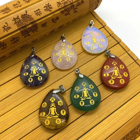 Natural Stone Teardrop Pendant With Golden Yoga Meditation Figure Chakra Symbols Spiritual Gemstone Healing Pendant For Jewelry Making Accessories