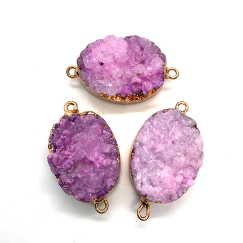 Natuursteen Druzy Kwarts Ovaal Connector Hanger Goud Verguld Metalen Rand Dubbele Ring Edelsteen DIY Sieraden Maken