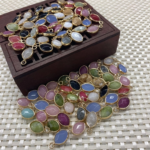 Natural Stone Marquise Faceted Pendants Gold Plated Alloy Edge Black Agate Turquoise Rose Quartz Charms For DIY Jewelry Making Pendants