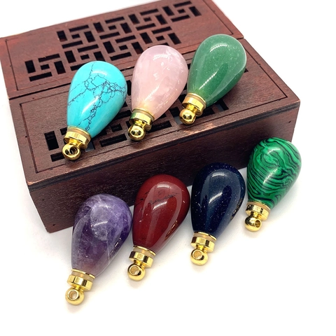 Natural Stone Teardrop Perfume Bottle Pendant Malachite Turquoise Amethyst Essential Oil Diffuser Charm For DIY Jewelry Making