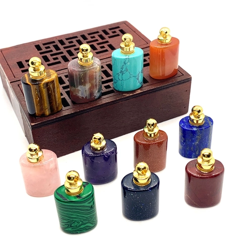 Natural Stone Essential Oil Perfume Bottle Pendant Lapis Lazuli Amethyst Tiger Eye Pillar Charm For DIY Jewelry Making Findings Pendant Only Without Chain