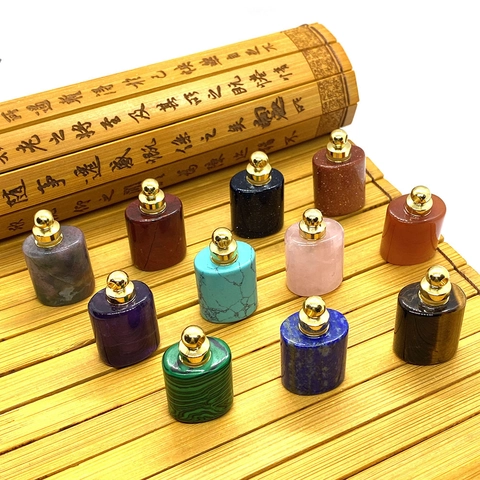 Natural Stone Essential Oil Perfume Bottle Pendant Lapis Lazuli Amethyst Tiger Eye Pillar Charm For DIY Jewelry Making Findings Pendant Only Without Chain
