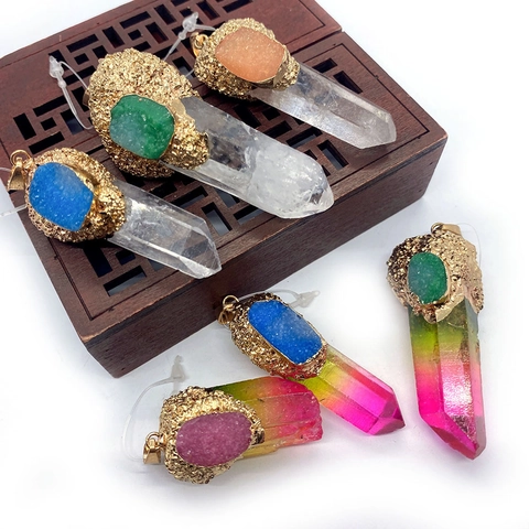Natural Stone Irregular Hexagonal Crystal Column Pendant Gold Alloy Edging Druzy For DIY Jewelry Making Bohemian Style