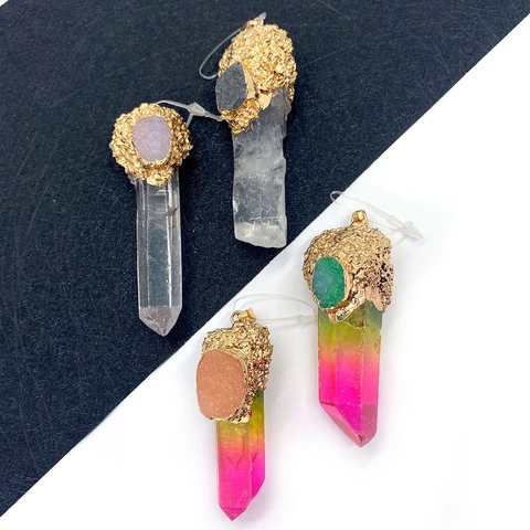 Natural Stone Irregular Hexagonal Crystal Column Pendant Gold Alloy Edging Druzy For DIY Jewelry Making Bohemian Style