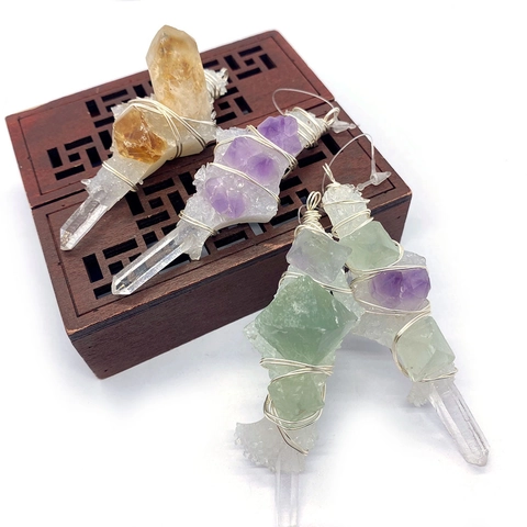 Naturstein Kristall Anhänger Unregelmäßige Rohe Amethyst Fluorit Draht Umwickelt Anhänger Für DIY Schmuckherstellung Damen Heilung Kristallpunkt Zubehör