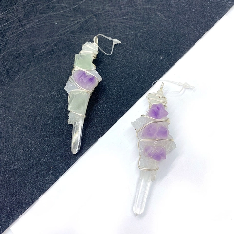 Naturstein Kristall Anhänger Unregelmäßige Rohe Amethyst Fluorit Draht Umwickelt Anhänger Für DIY Schmuckherstellung Damen Heilung Kristallpunkt Zubehör